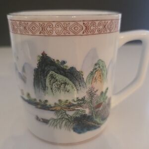 Vintage Chinese Tea Cup Mug Porcelain Hand Painted River Mountain Scene